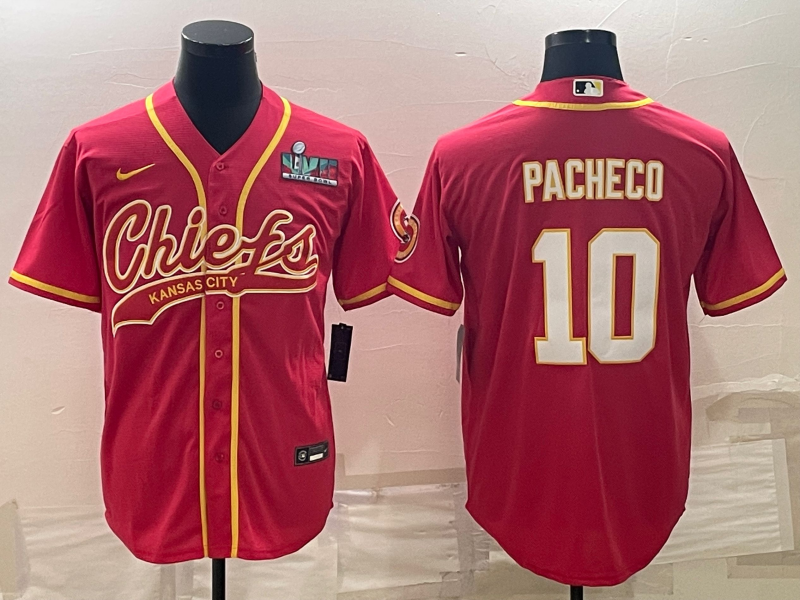 Men's Kansas City Chiefs #10 Isiah Pacheco Red With Super Bowl LVII Patch Cool Base Stitched Baseball Jersey